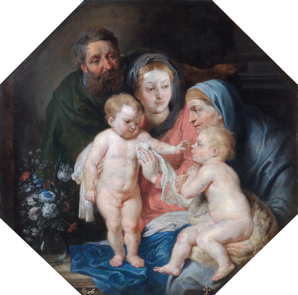 Den hellige familie med St. Elizabeth og St. John (olie på kobber) af Peter Paul (after) Rubens