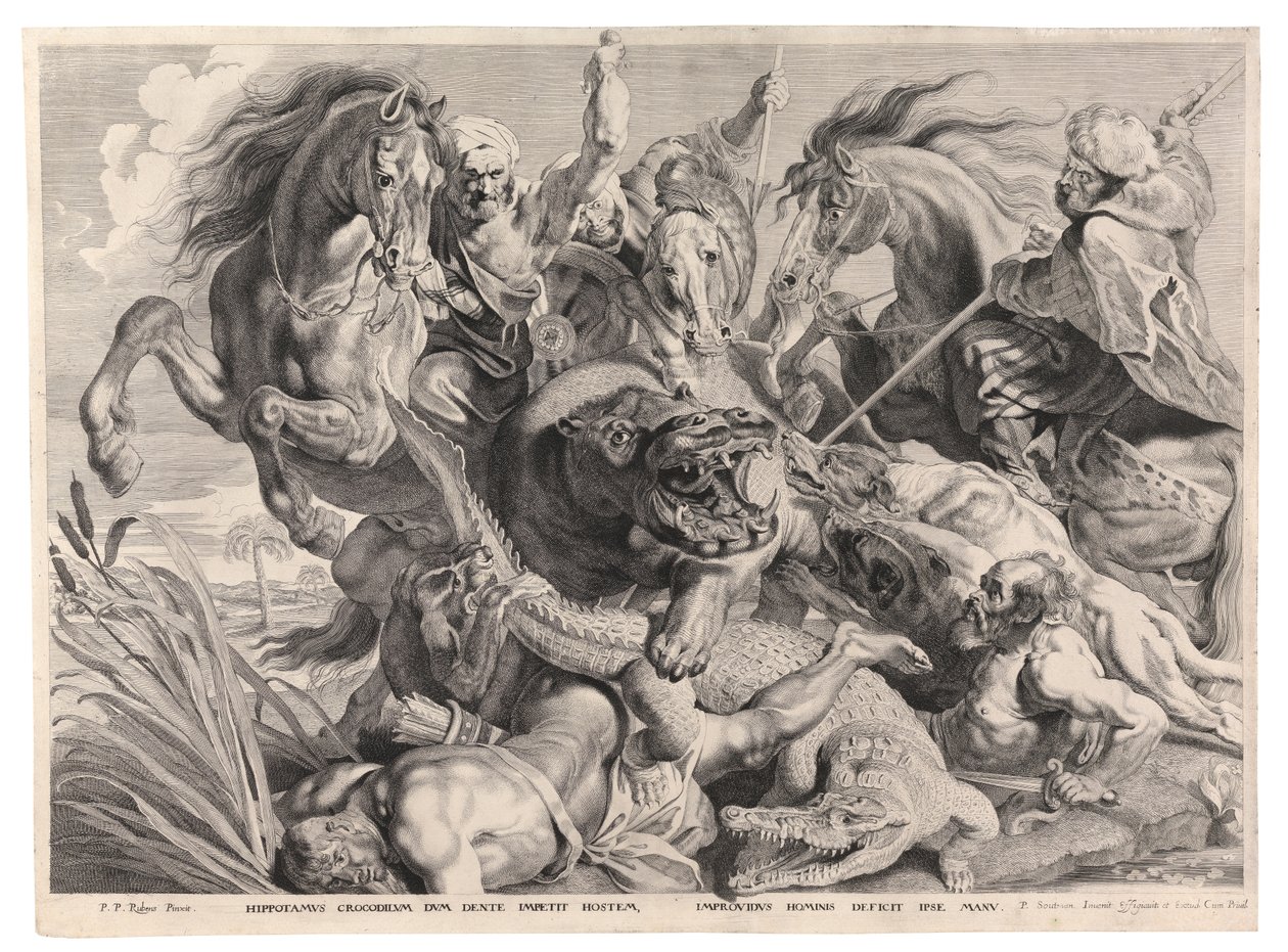 Jagten på flodhesten og krokodillen (gravering) af Peter Paul (after) Rubens