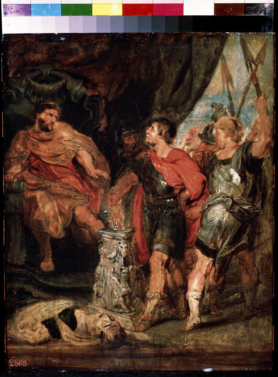 Mucius Scaevola devant Porsenna (Micius Scaevola før Porsenna). Caius Mucius Scaevola, jeune patrician romain capture par la garde royale de Porsenna (Porsinna, Porsena) af Peter Paul (studio of) Rubens