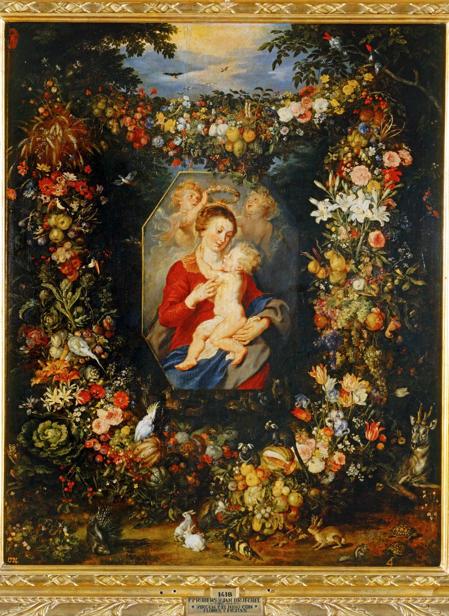 Maria, jomfru og barn med krans af blomster og frugter ... af Peter Paul & Brueghel Jan (1601 78) Rubens