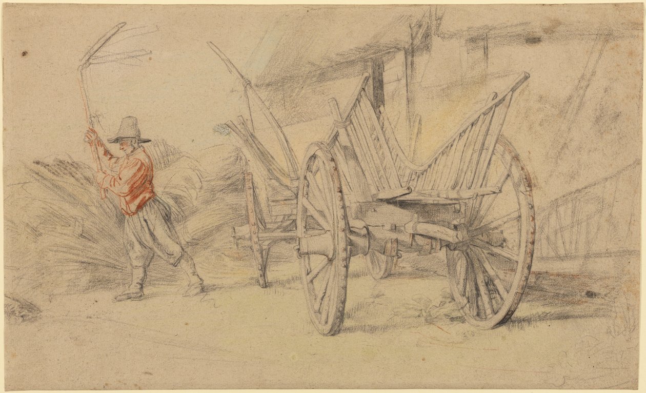 En mand i gang med at tærske ved siden af en vogn med landbrugsbygninger bagved af Peter Paul Rubens