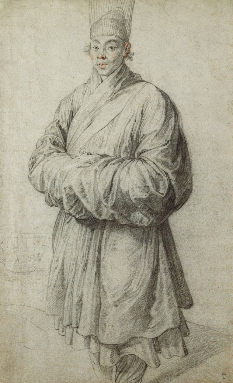 En mand i koreansk kostume, iført en gennemsigtig hovedbeklædning af hestehår, næsten i fuld længde, et skib til venstre, af Peter Paul Rubens