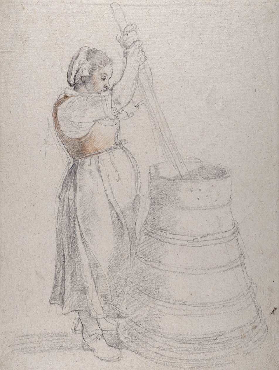 En bondepige kærner smør (sort og rød kridt med kuglepen på hvidt papir) af Peter Paul Rubens