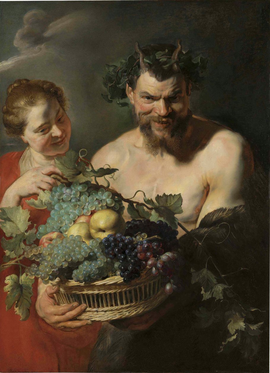 En satyr holder en kurv med druer og kvæder sammen med en nymfe, af Peter Paul Rubens af Peter Paul Rubens