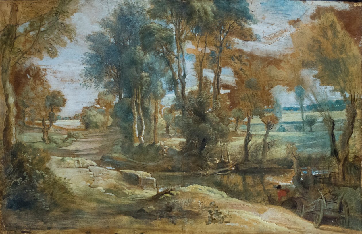 En vogn på vej over et vandløb, ca. 1625-40 (sort kridt og olie på papir klæbet på lærred) af Peter Paul Rubens