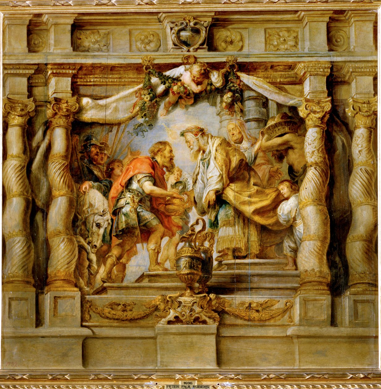 Abrahan giver tiende til præstekongen Melkisedek af Salem (maleri på træ) af Peter Paul Rubens