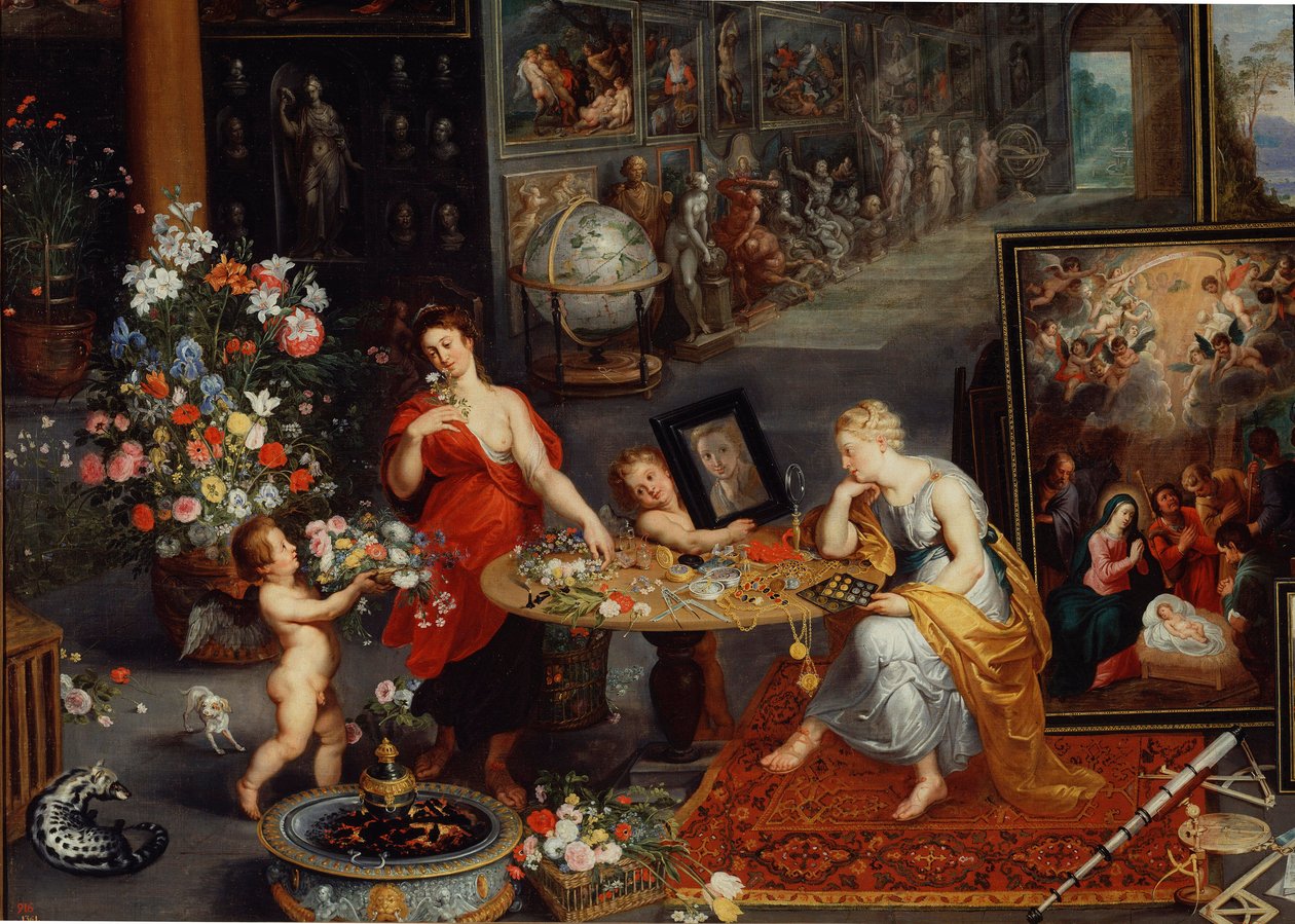Allegori om syn og lugt Detalje. Unge kvinder nær et bord dækket med blomster og juveler præsenterer en engel et spejl til en af de kvinder, der beundrer sig selv. Kunstværker samler sig i baggrunden. En ilder ligger til venstre. Maleri af Pierre Pa af Peter Paul Rubens