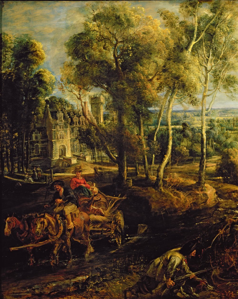 Et efterårslandskab med udsigt over Het Steen i den tidlige morgen, ca. 1636 olie på paneldetalje af 211075 af Peter Paul Rubens