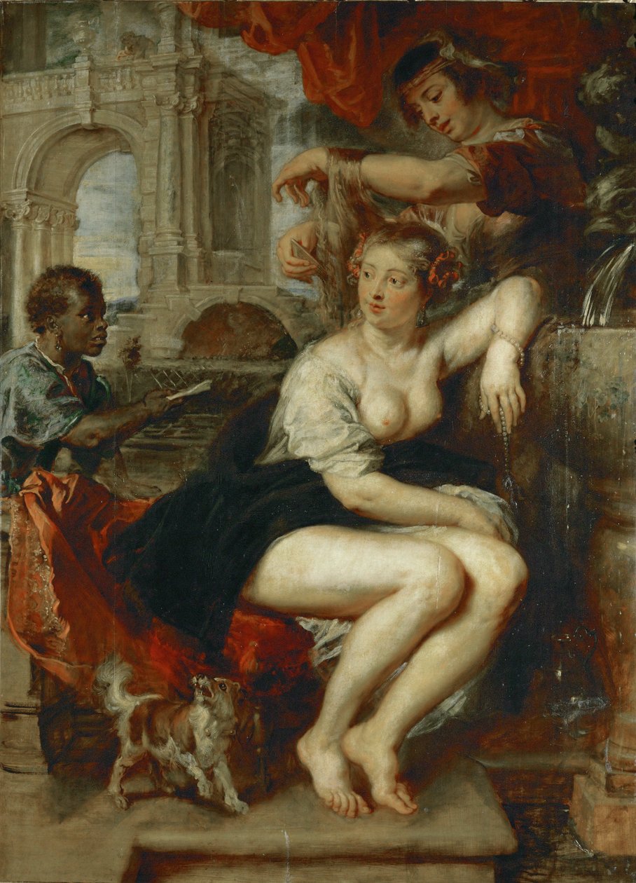 Bathseba ved brønden, en dreng kommer med kong Davids brev (maleri på egetræ) af Peter Paul Rubens
