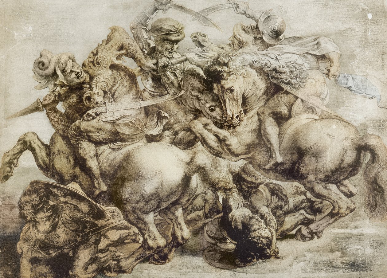 Slaget ved Anghiari, efter Leonardo da Vinci (pen og blæk med vask på papir) af Peter Paul Rubens