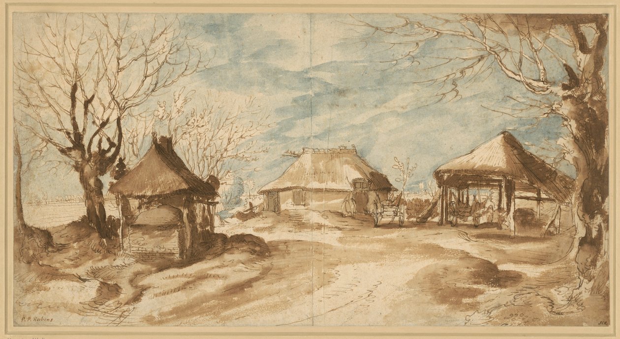 Bondegård med tre halmskure af Peter Paul Rubens