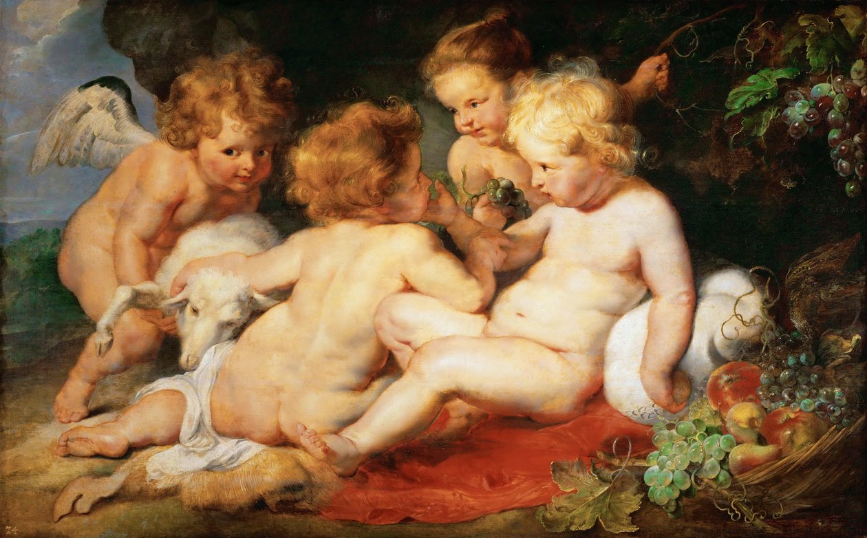 Kristus og Johannes Døberen som børn med to engle - Pieter Paul Rubens (1577-1640). Olie på træ, ca. 1615-1620. Mål: 76,5x122,3 cm. Kunsthistorisk museum, Vienne af Peter Paul Rubens