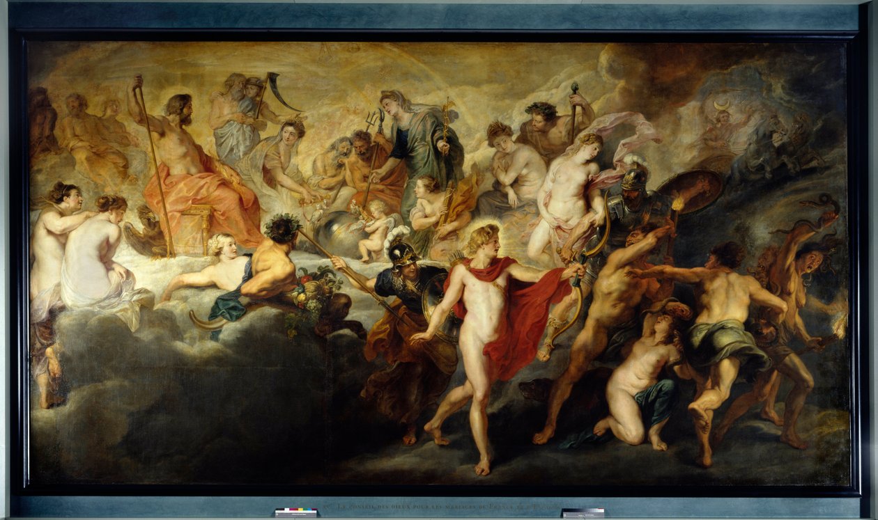 Cyklus af Mary de Medicis: Koncerten (eller Rådet) af guderne for gensidige ægteskaber i Frankrig og Spanien, sagde engang: Dronningens regering. Allegori af Frankrigs Dronning Marie de Medicis regering (1575-1642). Til venstre gifter Jupiter og Juno sig m af Peter Paul Rubens