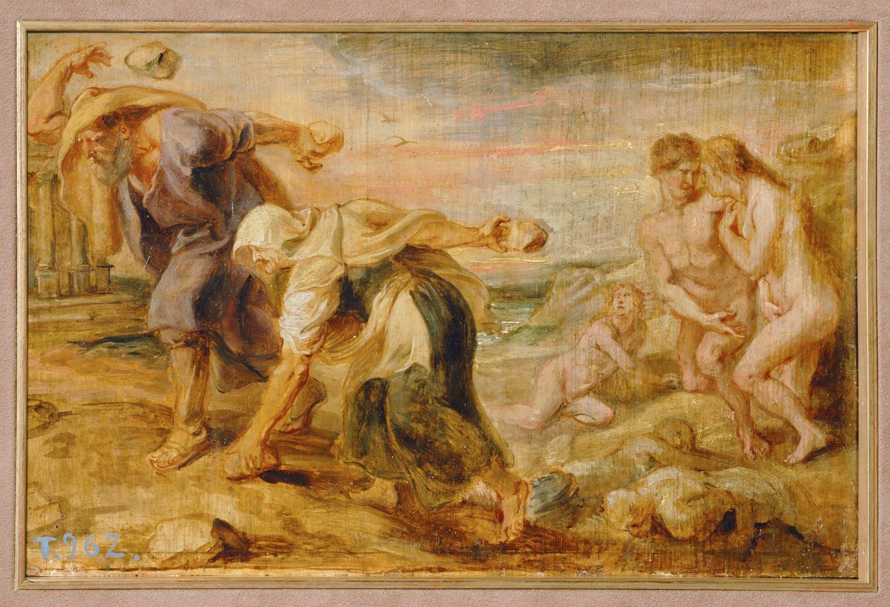 Deucalion og Pyrrha, menneskehedens skabere efter den første syndflod (maleri på træ) af Peter Paul Rubens