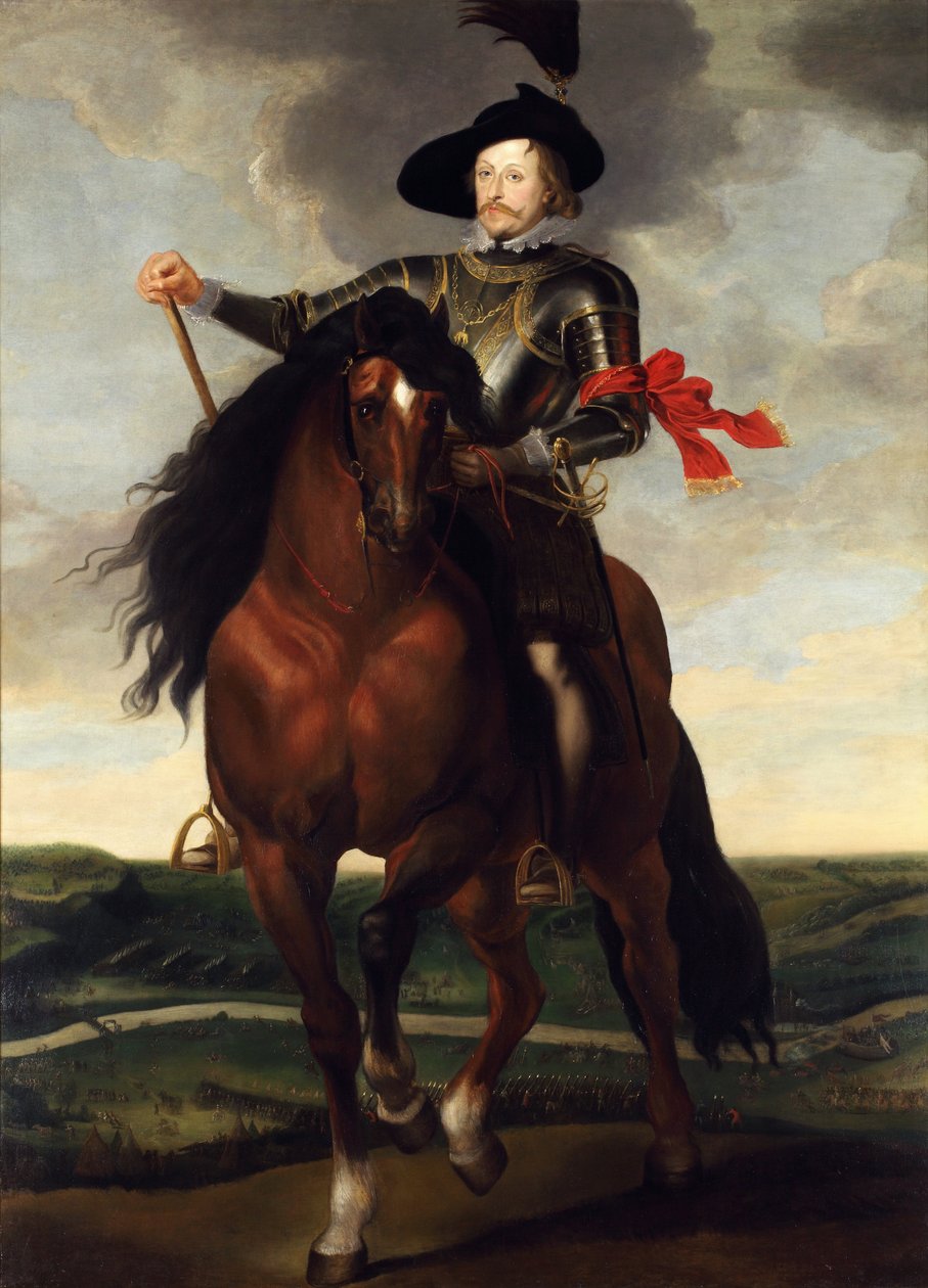 Rideportræt af kronprins Wladyslaw Vasa med slaget ved Khotyn i baggrunden, ca. af Peter Paul, Rubens