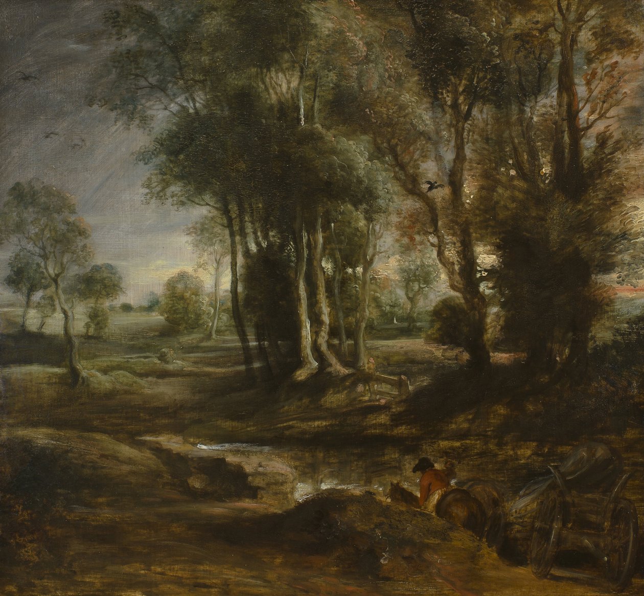 Aftenlandskab med tømmervogn, 1630-1640 af Peter Paul Rubens