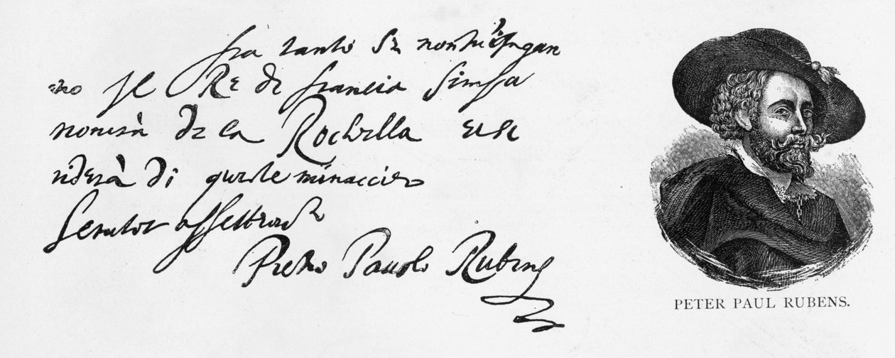 Håndskrift og underskrift af Rubens fra et brev på italiensk om den engelske flådes nederlag ved belejringen af La Rochelle, skrevet fra Antwerpen, 30. december, 1627 af Peter Paul Rubens