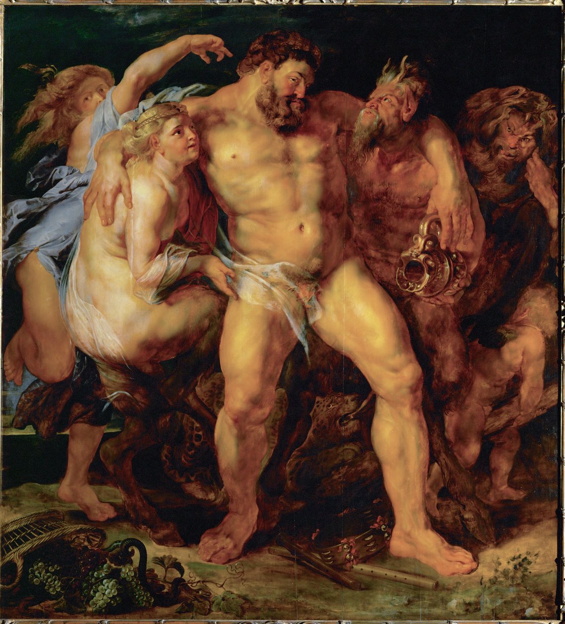 Herkules, beruset, ført af en nymfe og en satyr, ca. 1612-14 (maleri på egetræ) af Peter Paul Rubens