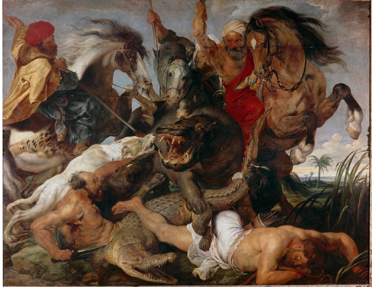 Flodheste og krokodillejagt. Maleri af Pierre Paul (Pierre-Paul) Rubens (eller Peter Paul eller Petrus Paulus) (1577-1640) af Peter Paul Rubens