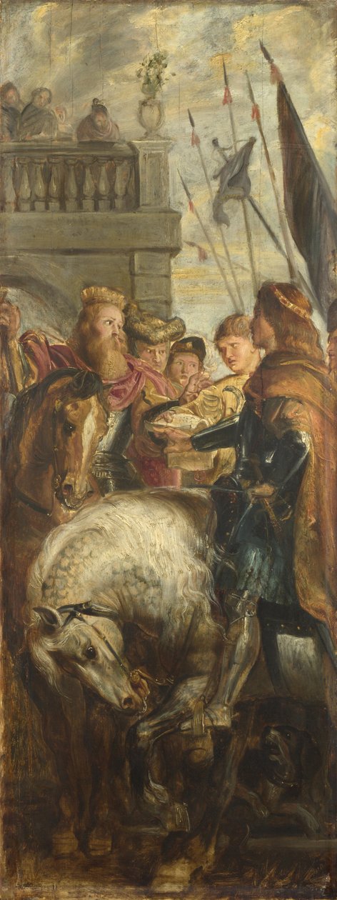 Kongerne Clothar og Dagobert strides med en Herald fra kejser Mauritius. Skitse til højaltertavle, St. Bavo, Gent, 1611 af Peter Paul Rubens