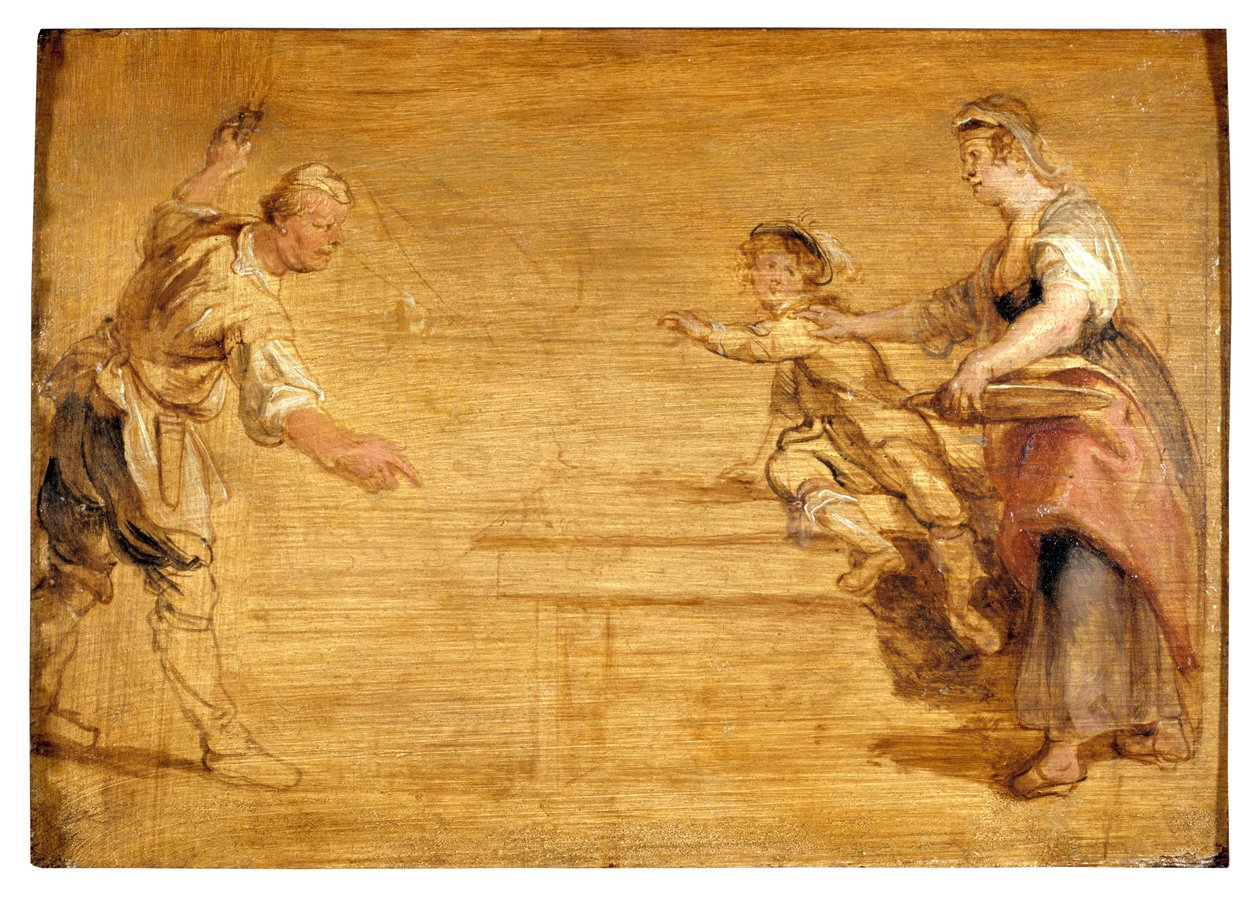 Køkkenpige, slagter og dreng omkring et bord (olie på lærred) af Peter Paul Rubens