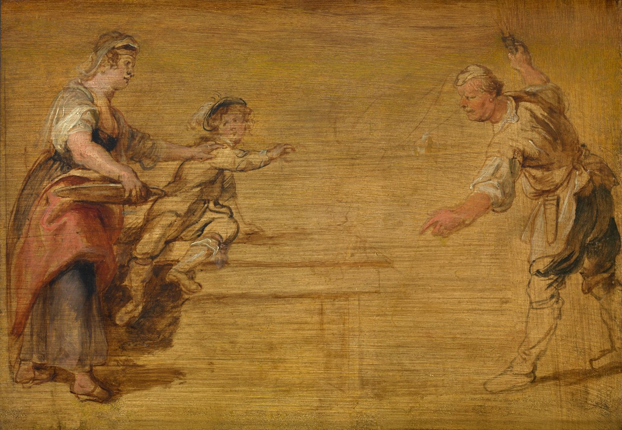 Køkkenpige, slagter og dreng omkring et bord af Peter Paul Rubens