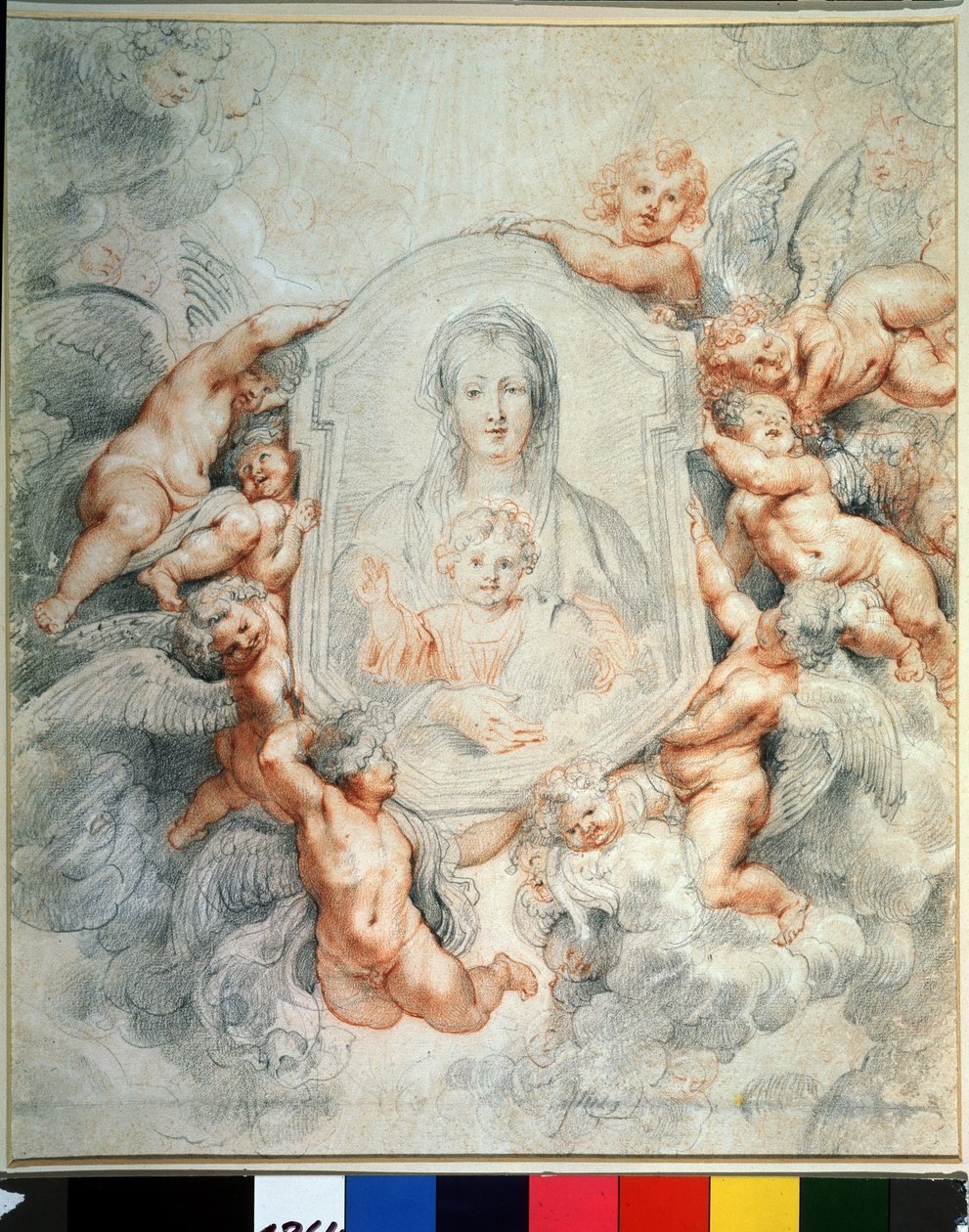 Jomfruen og barnet tilbedt af engle (Madonna forgudet af engle, Madonna della vallicella). Maleri i maleri. Tegning af Peter Paul (Pierre-Paul) Rubens (eller Peter Paul eller Petrus Paulus) (1577-1640). Kridt og rødt kridt på papir, 40,4 x 37 cm af Peter Paul Rubens