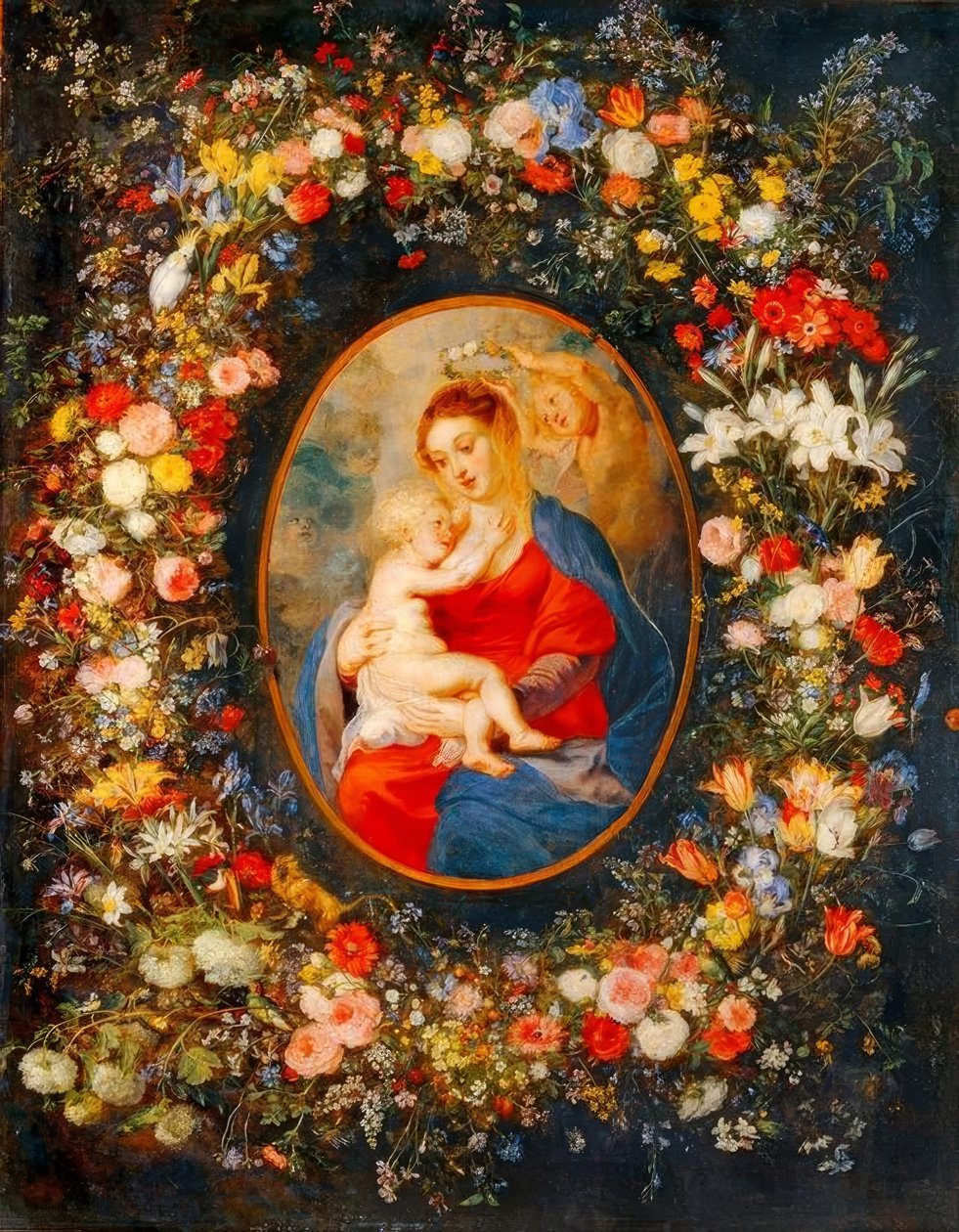 Jomfruen, Jesusbarnet og engle midt i en krans af blomster af Peter Paul Rubens