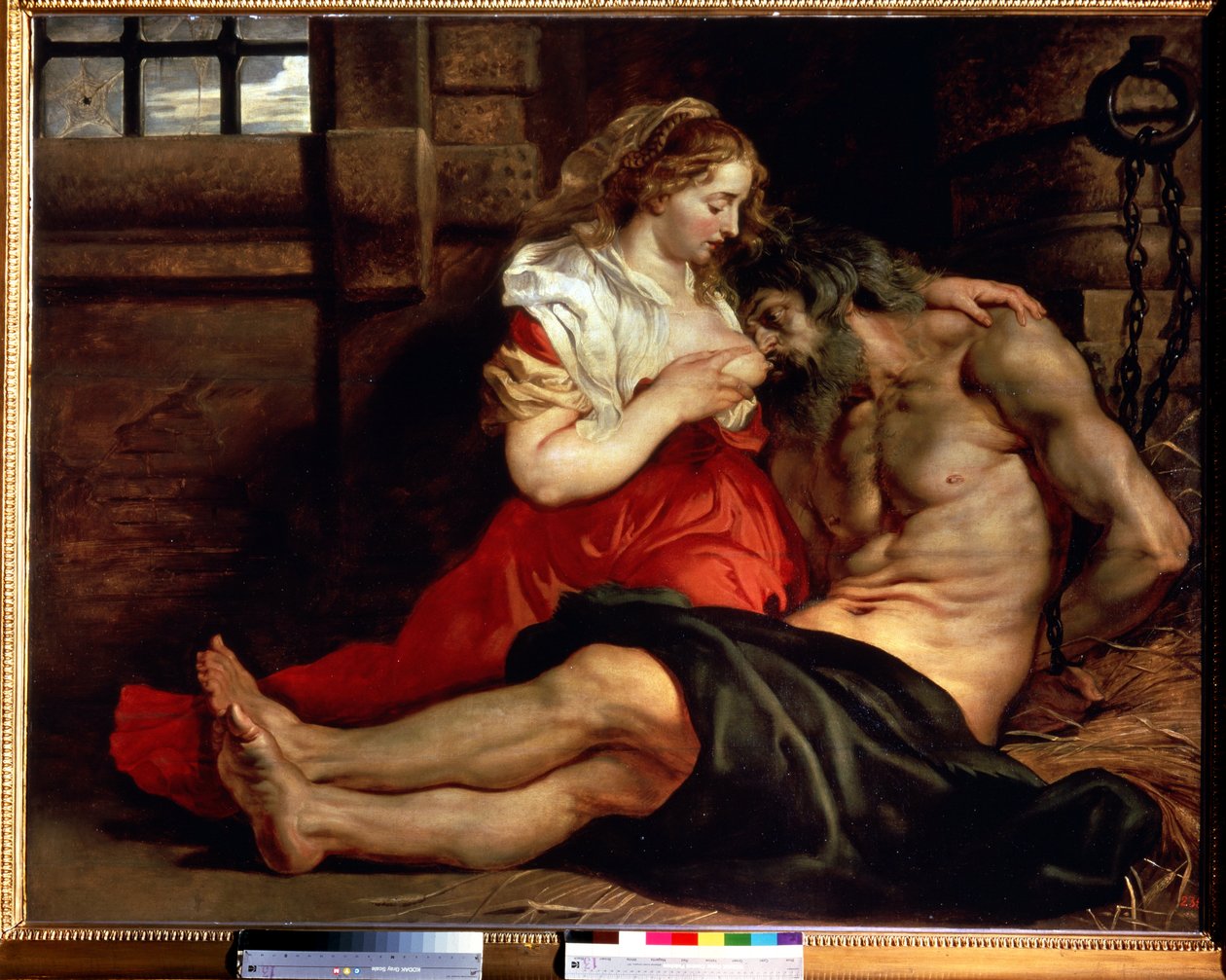 romersk velgørenhed. En kvinde ammer en mand i fængslet og fortsætter. Cimon dømt til at sulte i fængslet spiser på brystet af sin datter Pero. Maleri af Peter Paul (Pierre-Paul) Rubens (eller Peter Paul eller Petrus Paulus) (1577-1640). af Peter Paul Rubens
