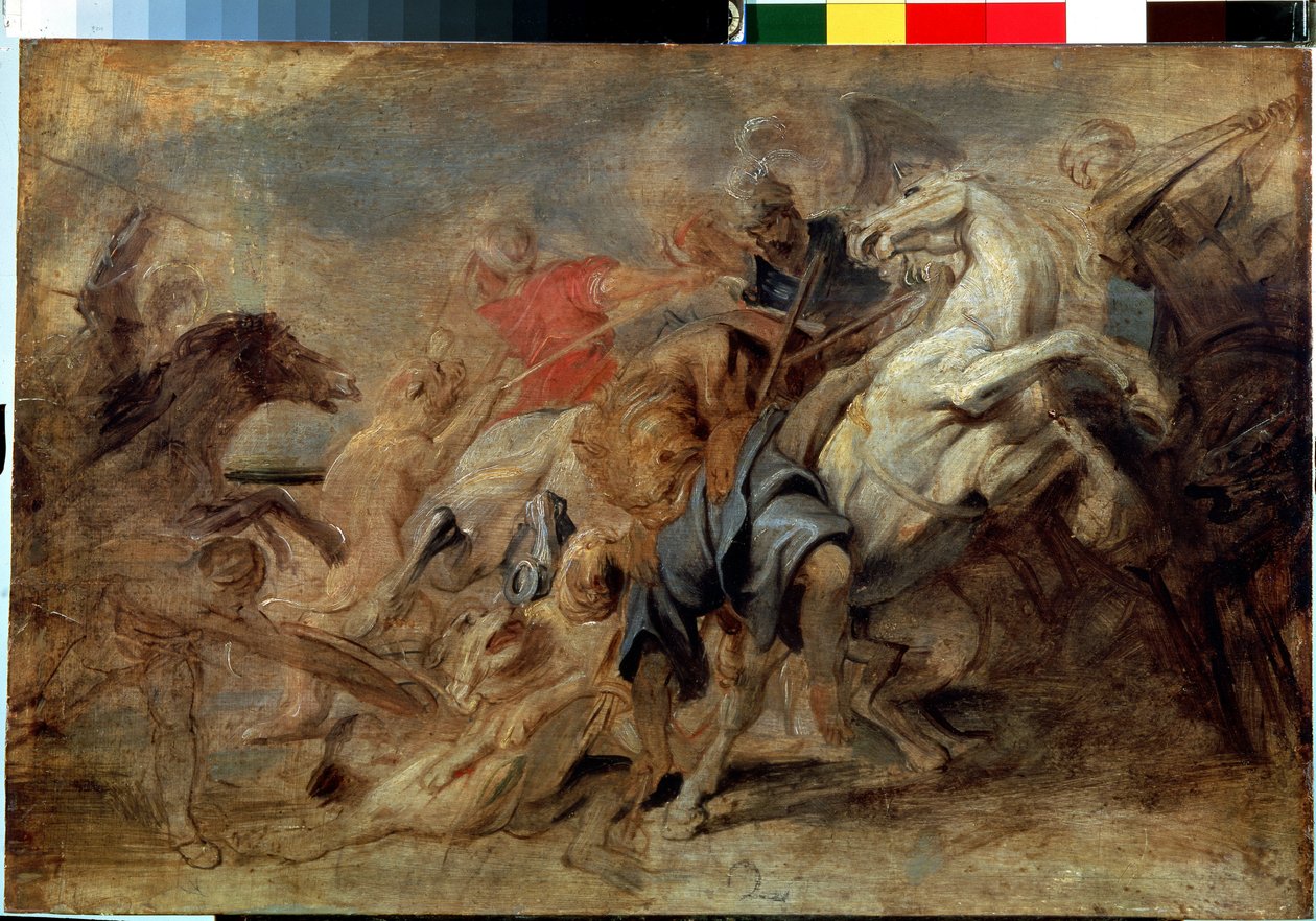 Løvejagten. Maleri af Peter Paul (Pierre-Paul) Rubens (eller Peter Paul eller Petrus Paulus) (1577-1640). Olie på træ, Mål: 43 x 64 cm, omkring 1621. Flamsk kunst, barokstil. Eremitagemuseet, Sankt Petersborg. af Peter Paul Rubens
