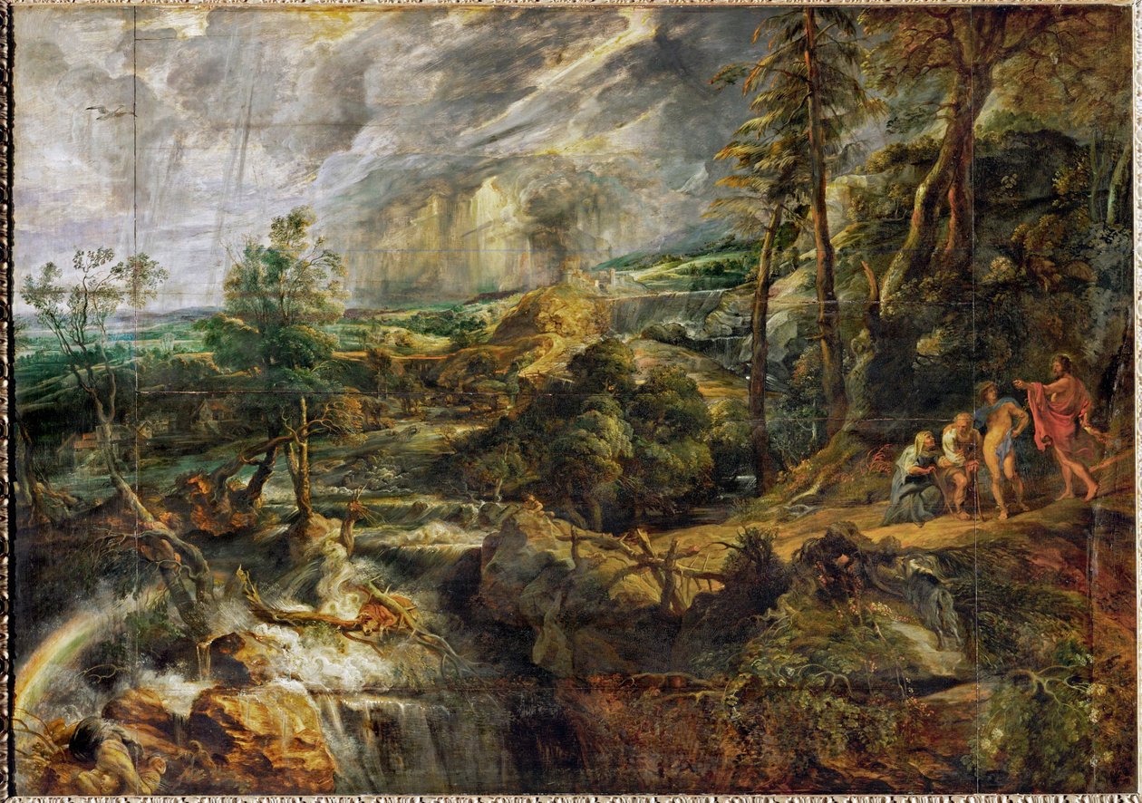 Landskab i tordenvejr med Philemon og Baucis, Jupiter og Merkur, ca. 1620 (olie på træ) af Peter Paul Rubens
