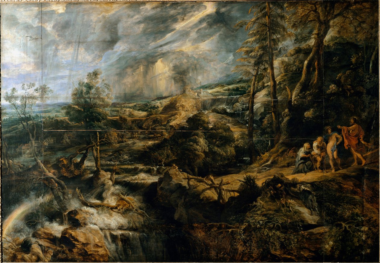Tempete-landskab med de gamle frygiere Philemon og Baucis (maleri, ca. 1620) af Peter Paul Rubens