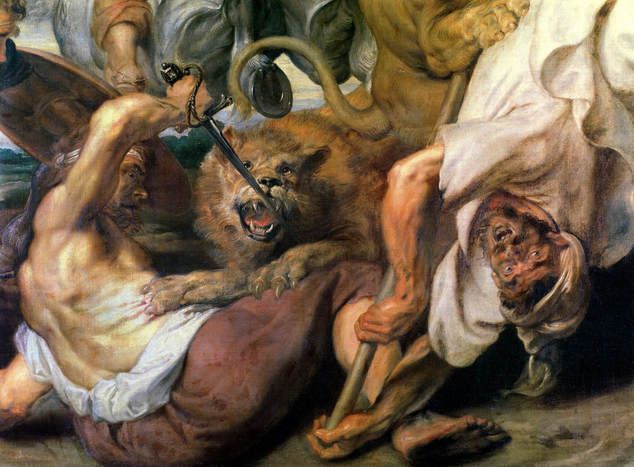 Løvejagt, detalje af to mænd og en løve, 1621 af Peter Paul Rubens