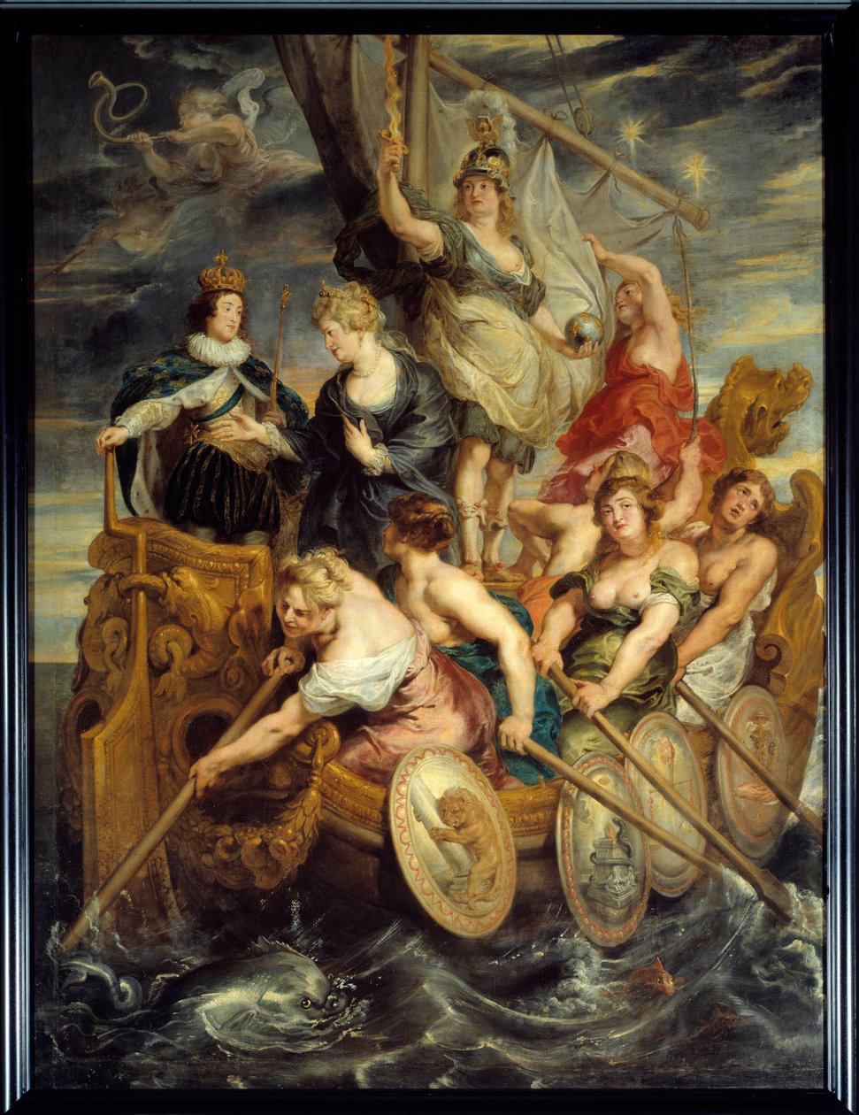 Flertal af Ludvig XIII (1601-1643) den 20/10/1614 Allegori om kongens magtovertagelse, der repræsenterer et skib styret af magt, religion og retfærdighed, der rykker frem gennem roere i et barsk hav. Dronning Mary af Medici, mor til Louis XIII, er om bord. af Peter Paul Rubens