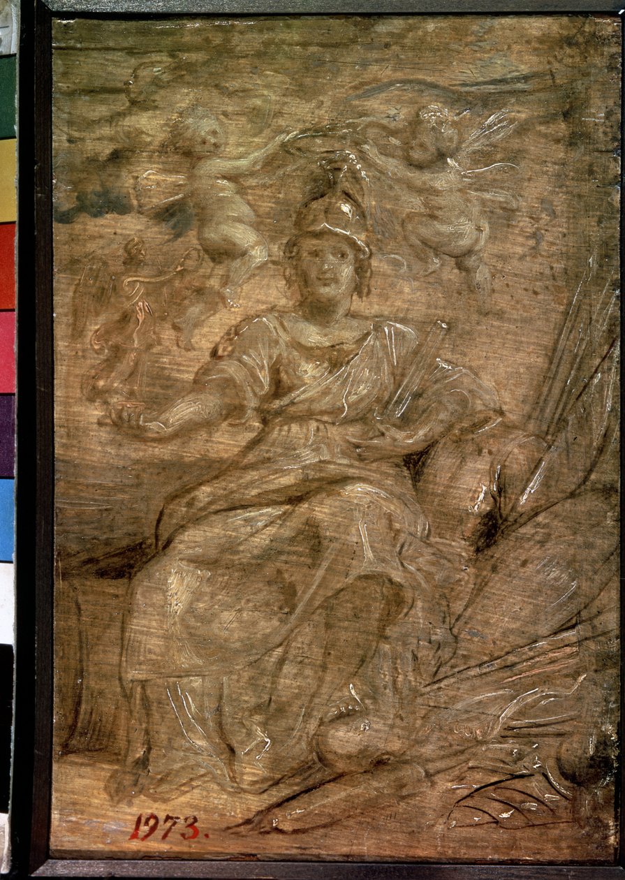 Marie de Medici (1575-1642) en Pallas Athena (Marie de Medici som Pallas Athena). Peinture de Pierre Paul (Pierre-Paul) Rubens (ou Peter Paul eller Petrus Paulus) (1577-1640). Olie på træ, 22,5 x 15 cm af Peter Paul Rubens