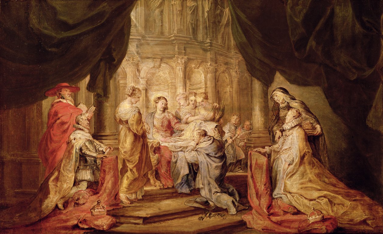 Mary Giving Ildefonso, ærkebiskop af Toledo Vestmentet, med ærkehertugen Albrecht VII og hans skytshelgen Albert af Lowen til venstre og Infanta Isabella Claira Eugenia og hendes skytshelgen Elizabeth af Ungarn til venstre (skitse til altarpien) af Peter Paul Rubens