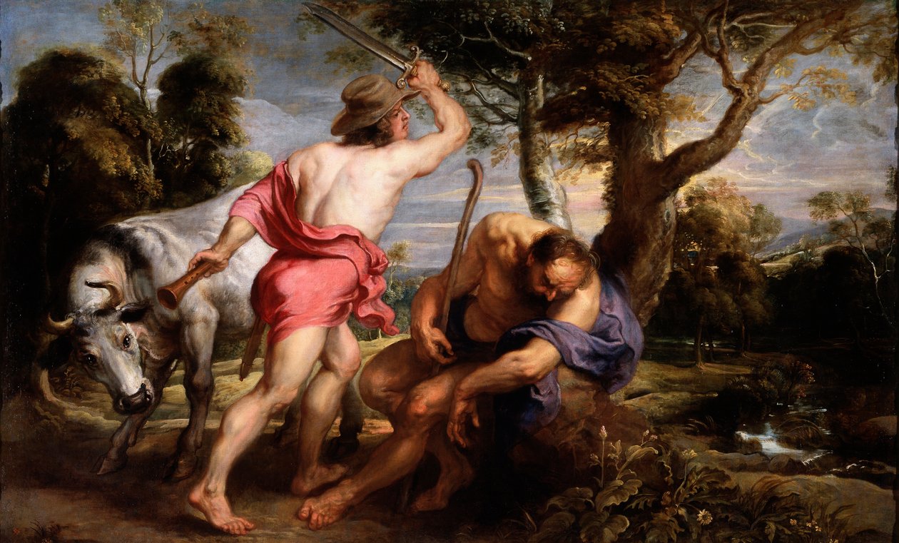 ""Mercury and Argus"" Mercury bliver instrueret af Zeus om at lade Argus sove, Ios vogter, forvandlet til en kvie af Hera (Mercury and Argus) Maleri af Pieter Paul Rubens (1577-1640) 1636-1638 Dim 180x298 cm Museo del Prado, Madrid af Peter Paul Rubens
