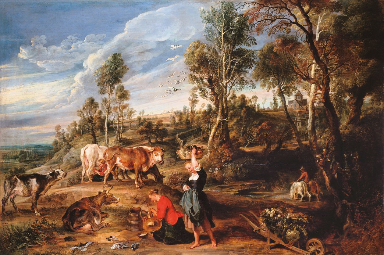 Malkepiger med kvæg i et landskab, «Gården i Laken» af Peter Paul Rubens