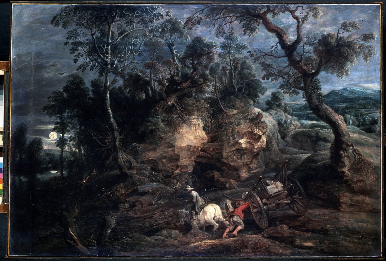 Landskab med stenbærere. Maleri af Peter Paul (Pierre-Paul) Rubens (eller Peter Paul eller Petrus Paulus) (1577-1640). Olie på lærred, 86 x 126,5 cm, ca. 1620. Flamsk kunst, barokkunst. Eremitagemuseet, St. af Peter Paul Rubens