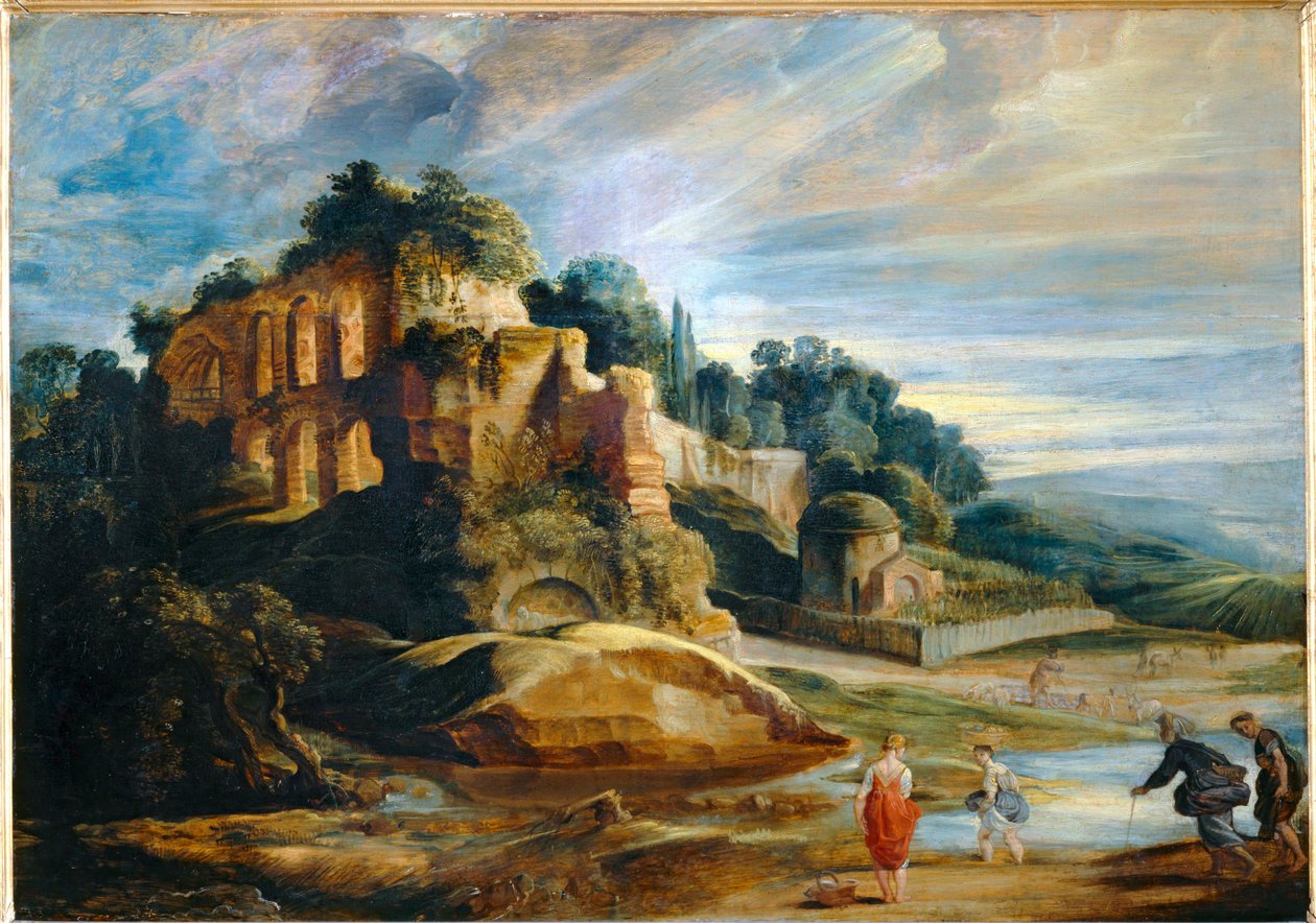 Landskab med ruinerne af Palatinerbjerget i Rom (maleri på træ) af Peter Paul Rubens