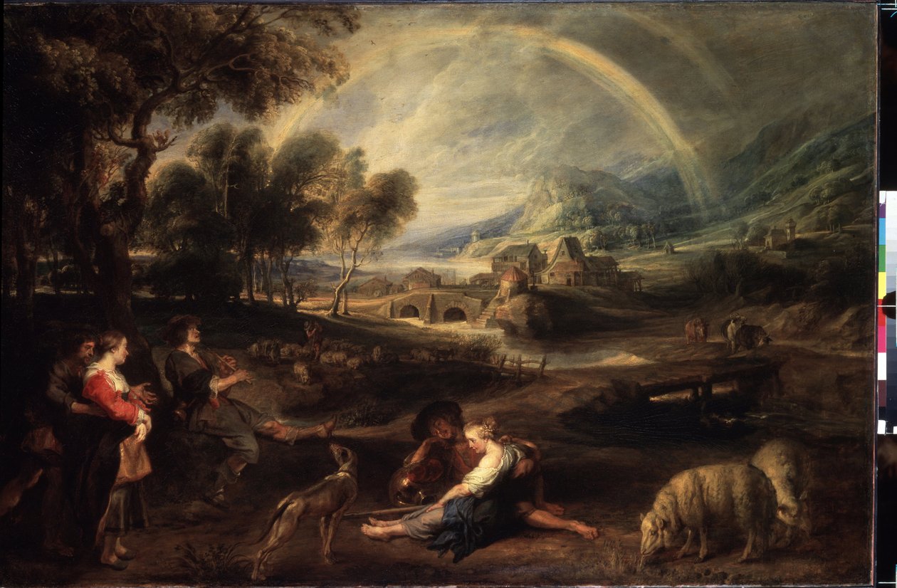Landskab med en regnbue. Maleri af Peter Paul (Pierre-Paul) Rubens (eller Peter Paul eller Petrus Paulus) (1577-1640). Olie på lærred, 86 x 130 cm, begyndelsen af ​​1630. Flamsk kunst, barokkunst. Eremitagemuseet, Sankt Petersborg. af Peter Paul Rubens