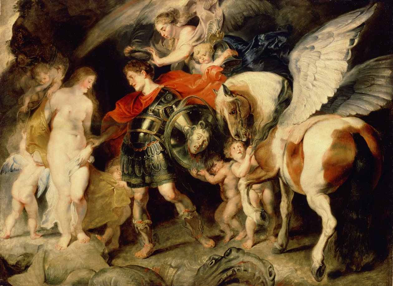 ""Perseus og Andromeda"" (Perseus og Andromeda) Andromeda lænket til en klippe leveres af Persee ledsaget af Pagasus. På sit skjold hovedet af Medusa, som han dræbte. Maleri af Pierre Paul (Pierre-Paul) Rubens (eller Peter Paul eller Petrus Paulus) (1 af Peter Paul Rubens
