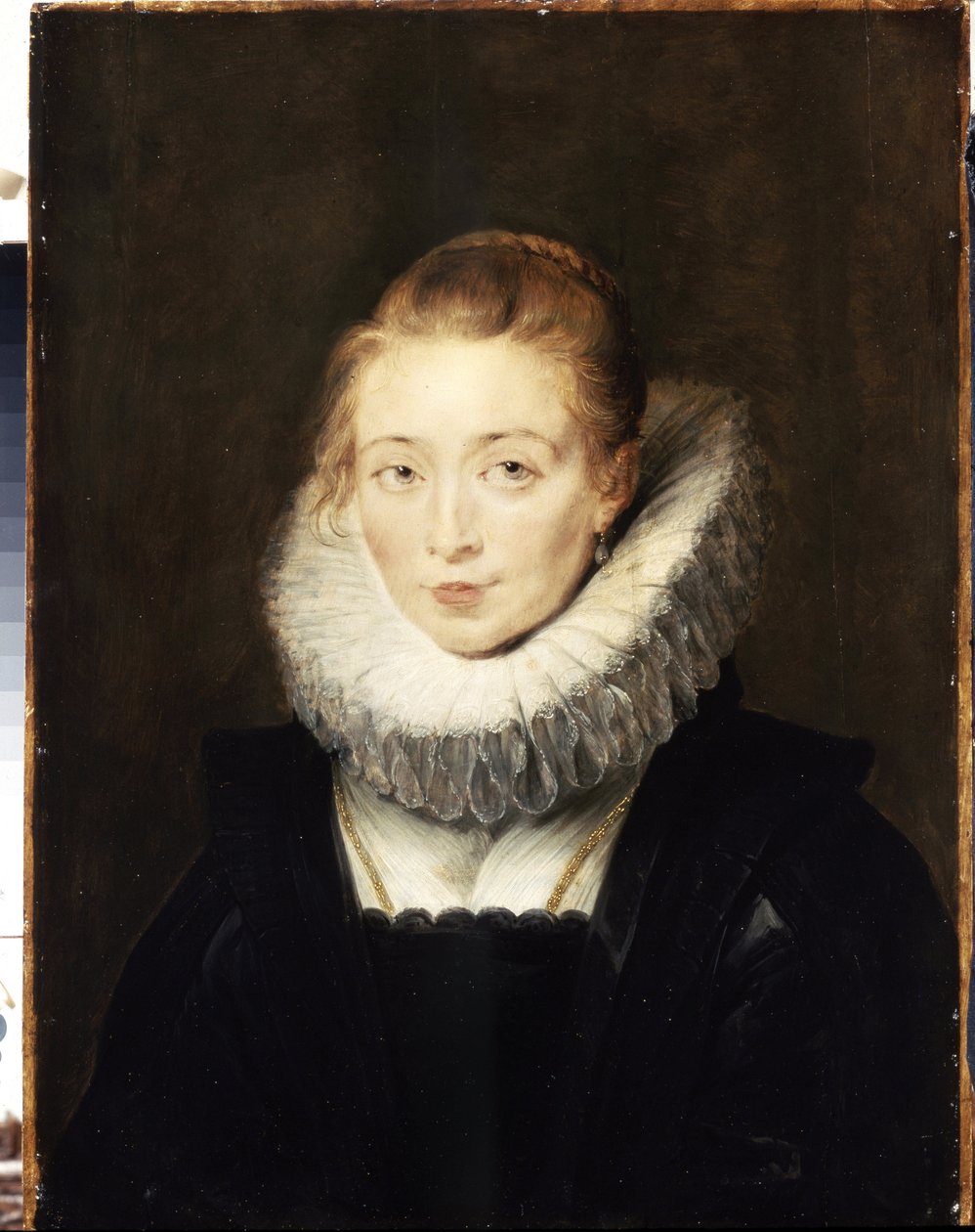 Portræt af en ventedame til Infanta Isabella (1566-1633). Hun har et jordbærkrave på. (Portræt af dame, der venter på Infanta Isabella). Maleri af Peter Paul (Pierre-Paul) Rubens (eller Peter Paul eller Petrus Paulus) (1577-1640). olie su af Peter Paul Rubens
