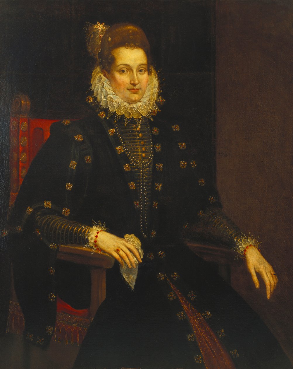 Portræt af en dame siddende trekvart længde i en sort kjole med ryg af Peter Paul Rubens