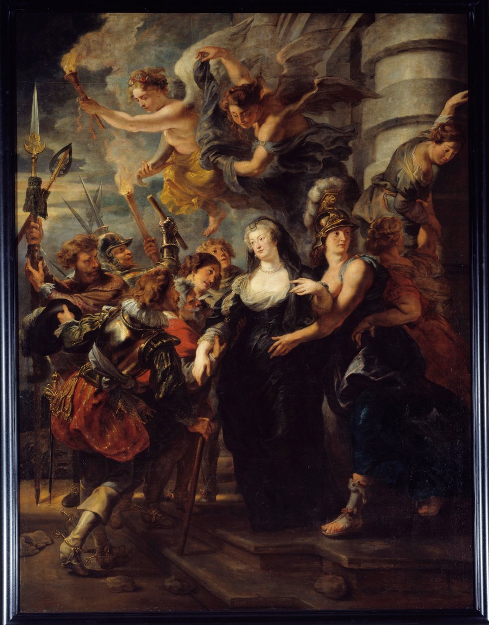 Dronning Marie de Medicis (1573-1642) flygtede fra Chateau de Blois natten mellem den 21. og 22. februar 1619. Dronningen af Frankrig i eksil ved Blois under "Mor og Søns krig" flygtede til Angouleme. Engle med fakler guider dronningen på rette vej. Smerte af Peter Paul Rubens