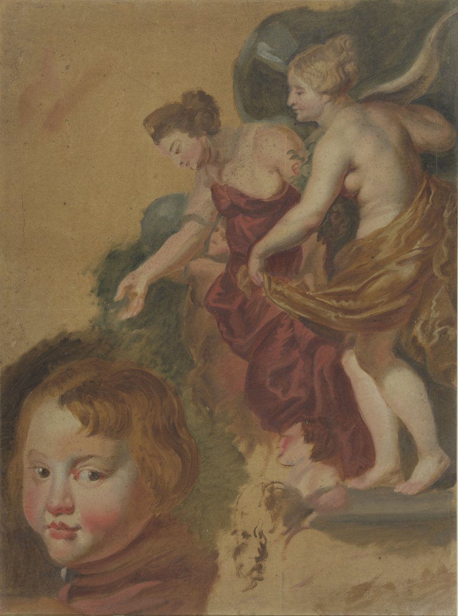Studieark med Maria dei Medicis lykkelige regeringstid, et drengehoved og to mandshoveder. af Peter Paul Rubens