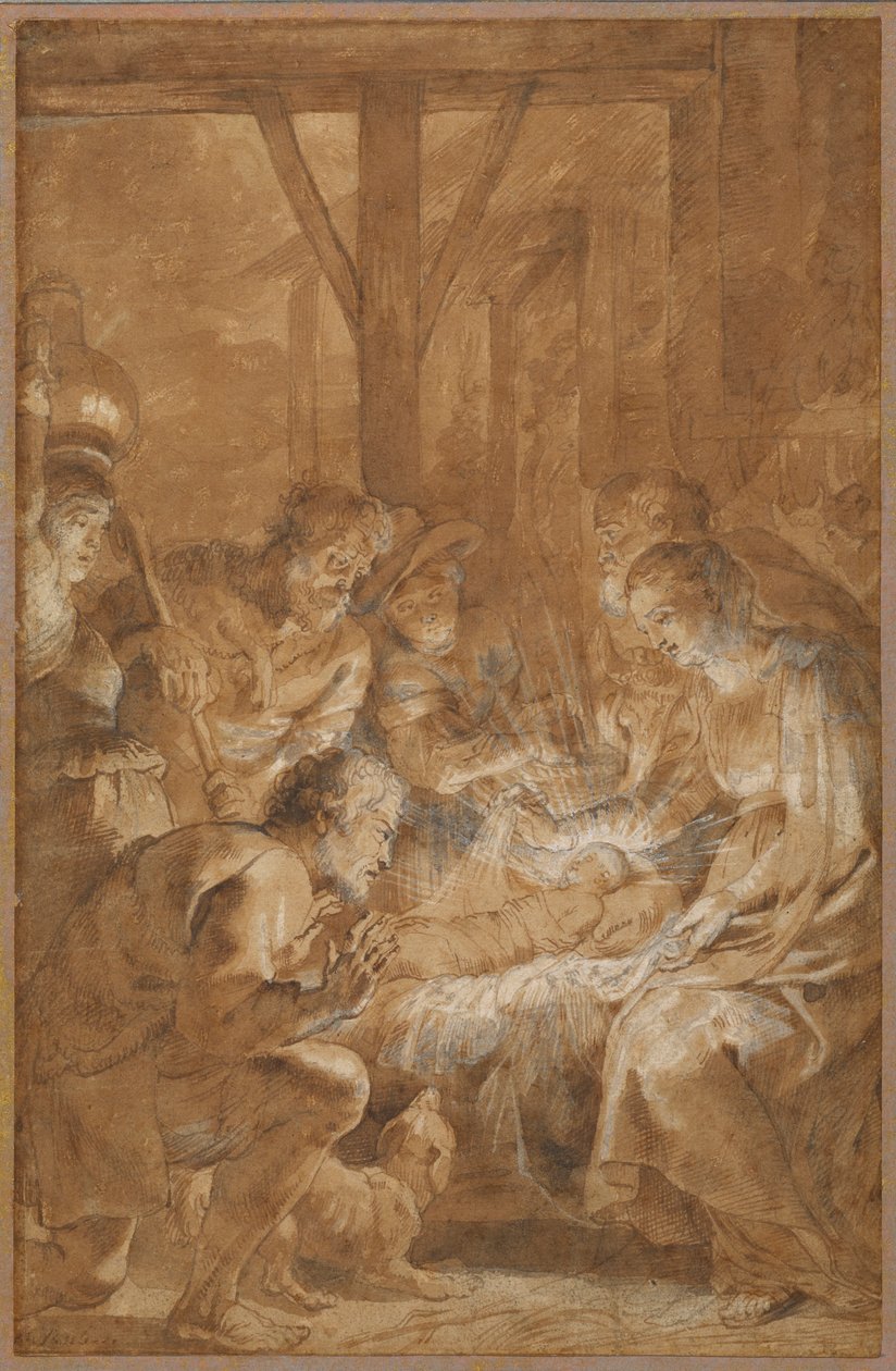 Hyrdernes tilbedelse, ca. 1613-4 (pen og brunt blæk med brun vask og hvid gouache) af Peter Paul Rubens