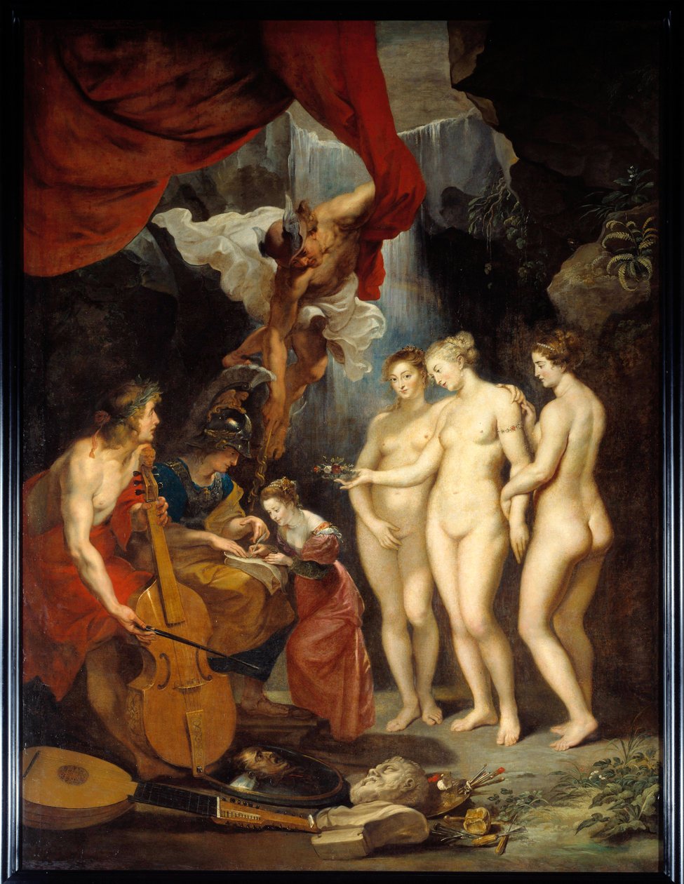 The Education of Mary of Medicis Allegorie, der repræsenterer undervisningen af den unge dronning Mary af Medicis (1573-1642) mellem Minerva, Mercury, Apollo og de tre Gracer. Maleri af Pierre Paul (Pierre-Paul) Rubens (eller Peter Paul eller Petrus Paulus af Peter Paul Rubens