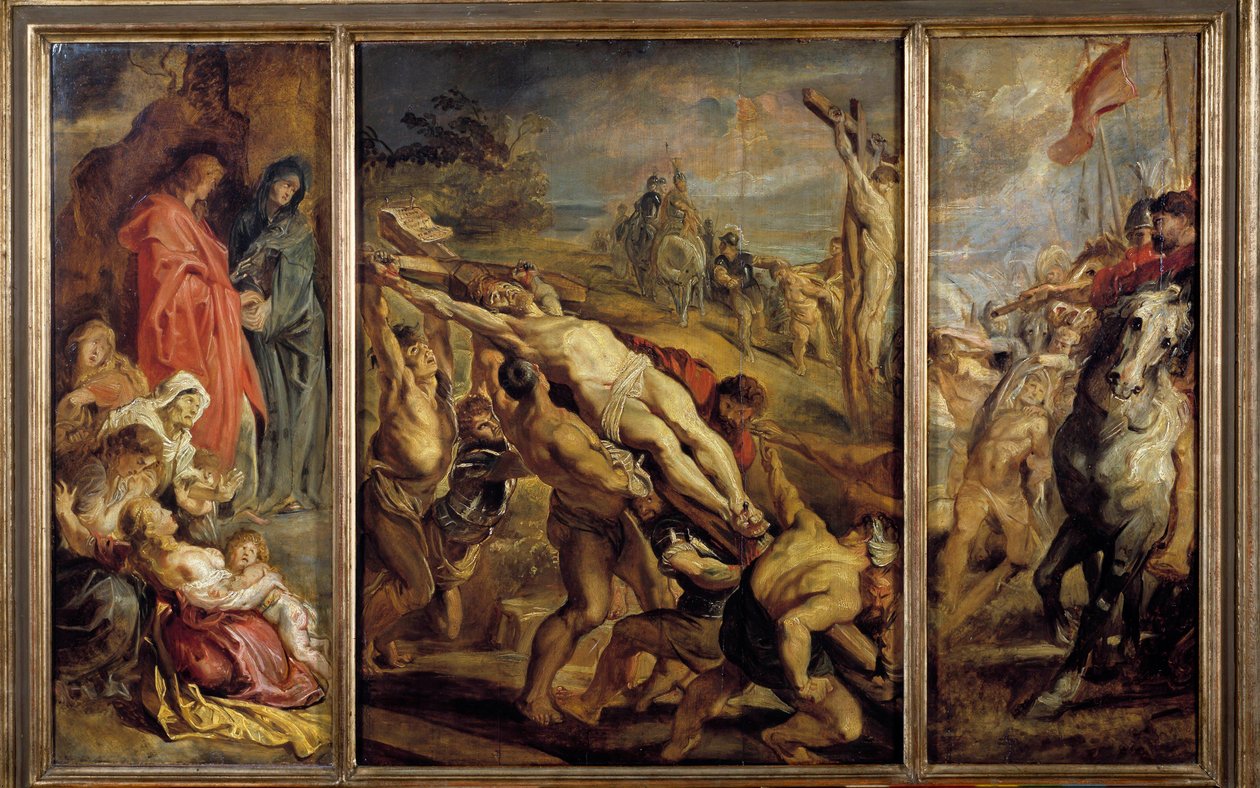 Opførelsen af Triptykonkorset af Pierre Paul (Pierre-Paul) Rubens (eller Peter Paul eller Petrus Paulus) (1577-1640) 1600-tallet søn. 0,68x1,07 m Paris, Musée du Louvre af Peter Paul Rubens