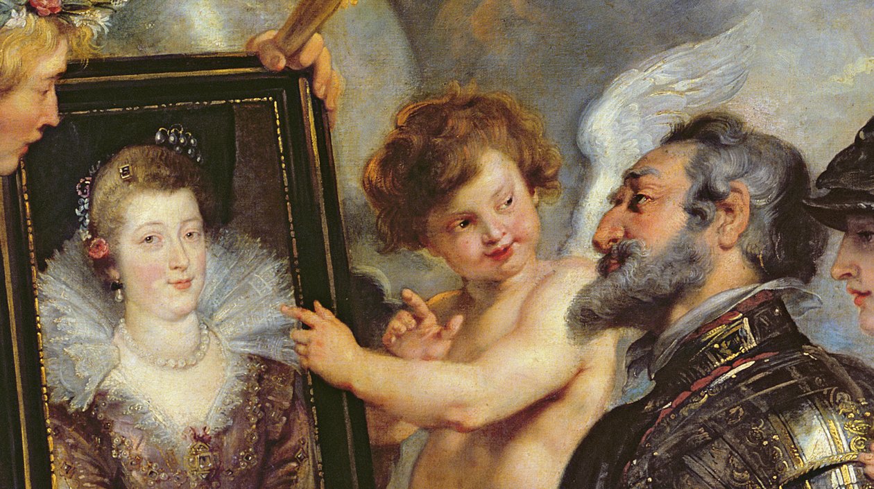 Medici-cyklussen: Henri IV (1553-1610) Modtagelse af portrættet af Marie de Medici (1573-1642) 1621-25 (detaljer fra 17689) af Peter Paul Rubens